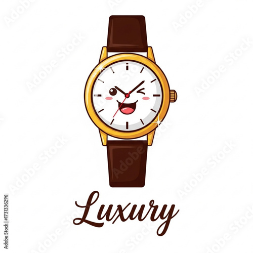 Charming Wristwatch Illustration with a Playful Expression and the Word 'Luxury', a Delightful Visual Representation of Timekeeping Elegance and Whimsical Style