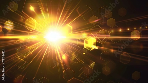 Cinematic golden light flare with radiant sunburst and hexagonal lens effect on black background