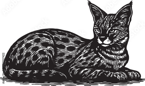 Detailed black and white woodcut illustration of a wild serval cat resting with large ears and spotted fur