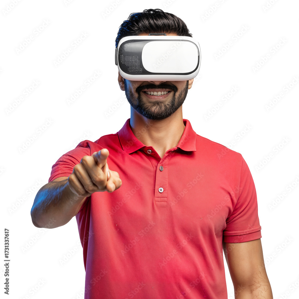 Naklejka premium Excited Man Wearing VR Headset and Smiling While Pointing Finger Forward, experiencing virtual reality, isolated transparent background.