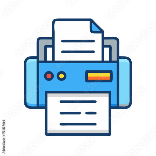 Icon of blue printer with paper on a black background