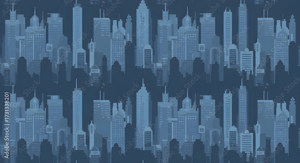 A seamless vector pattern of urban skyscrapers in blue tones, creating a repeating modern city skyline background. Perfect for wallpapers, textiles, or digital design projects