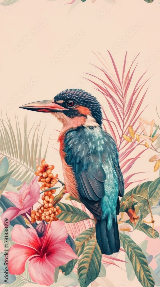 Fototapeta premium Realistic vintage drawing of tropical bird flower animal plant.