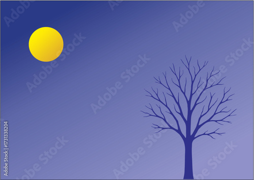 Black silhouette of a bare tree branch against a cold night sky with a luminous moon
