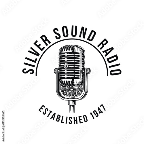 Vintage microphone with "Silver Sound Radio Established 1947" text in a circular design.