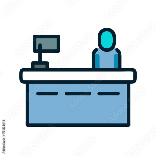 Reception desk with computer and attendant, flat design illustration