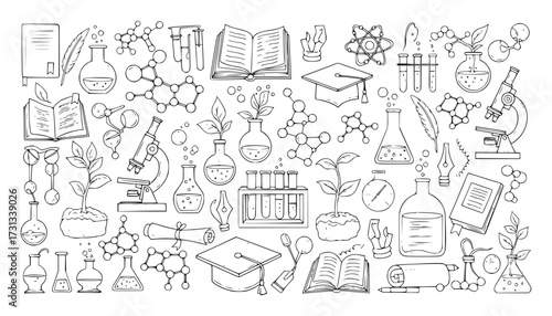 Vector art of a collection of hand drawn science icons and symbols, including beakers, flasks, microscopes, books, and graduation caps