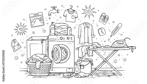 Vector art of hand drawn sketch of laundry room scene with washing machine, ironing board, clothes basket, and various laundry items