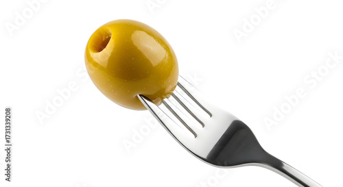 A single green olive impaled on the tines of a silver fork, isolated on a transparent background