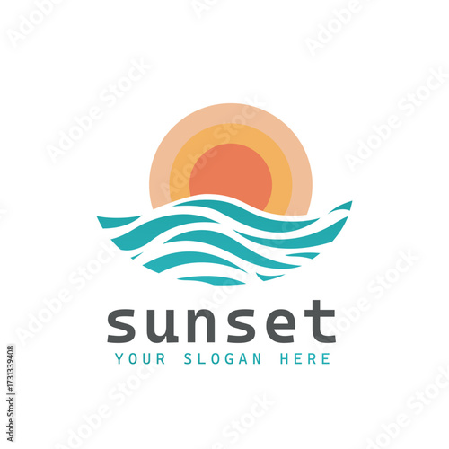 Circular Sun and Sea Wave Logo. Flat Vector Logo Design Template Element.
