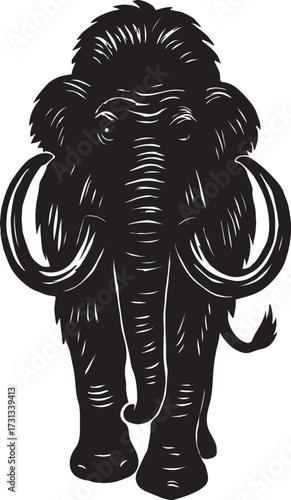 Illustration of a prehistoric woolly mammoth with large tusks and shaggy fur in a dark bold artistic style