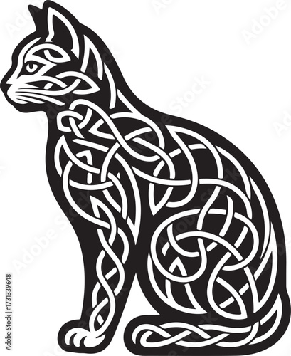 Black celtic knot cat silhouette sitting profile