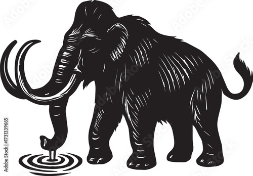Illustration of a prehistoric woolly mammoth with long curved tusks drinking water from a rippling pool in a vintage style