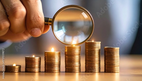 a Close-Up View of a Hand Holding a Magnifying Glass Over Stacked Coins