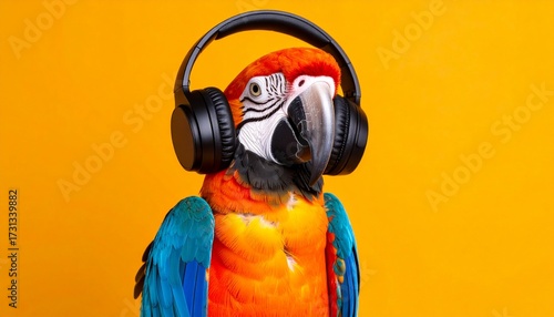 a Colorful macaw parrot wearing stylish black headphones against vibrant orange