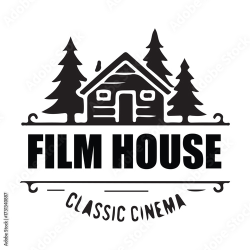 Film House Classic Cinema Logo with Cabin and Pine Trees in Black