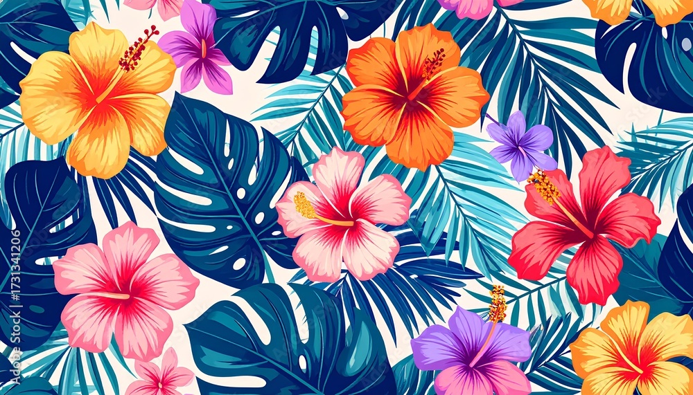 seamless floral pattern background with tropical flowers and leaves on white 