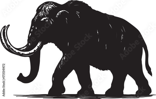 Silhouette of a majestic woolly mammoth with large tusks walking across a white background