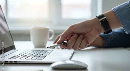 Person plugging a modern USB flash drive into the port of a laptop for digital data transfer.Concept of data storage and connectivity.