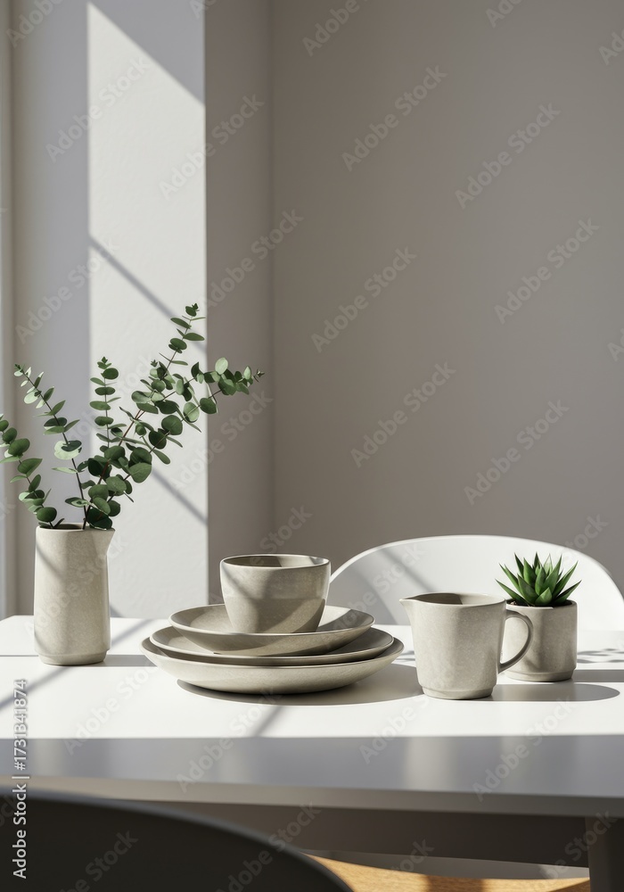 Fototapeta premium Light-filled room, neutral tableware, eucalyptus
