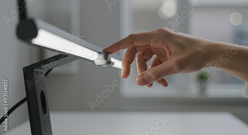 Professional adjusting the brightness of a modern, sleek LED desk lamp with a touch-sensitive control.Concept of workspace technology and smart lighting.