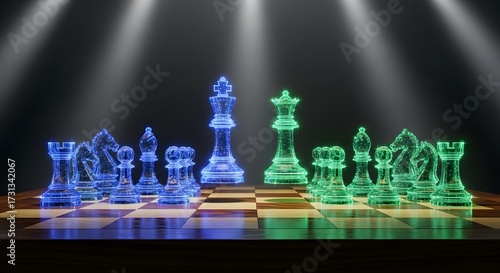 Futuristic Chess Game with Blue and Green Glowing Pieces on a Wooden Board