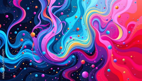 An artistic illustration featuring vibrant abstract colors in the form of fluid lines and shapes