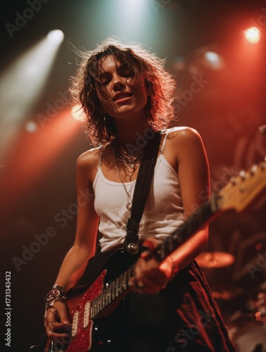 A dynamic female guitarist mid-performance on stage