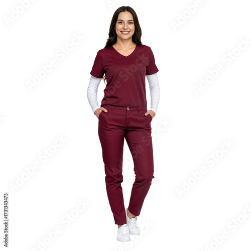 Full Body Shot of Professional Female Doctor or Nurse Standing Confidently with Hands in Pockets and a Friendly Smile, isolated transparent background.