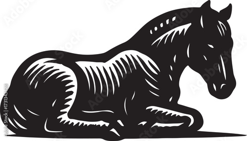 Black and white woodcut illustration of a resting horse lying down in a side profile view