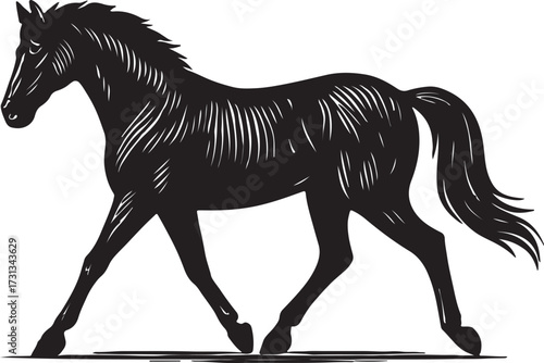 Elegant black horse silhouette in a dynamic walking pose with detailed engraving style texture