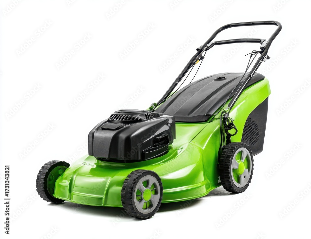 Fototapeta premium Bright green and black electric lawn mower with a handle for gardening and yard work