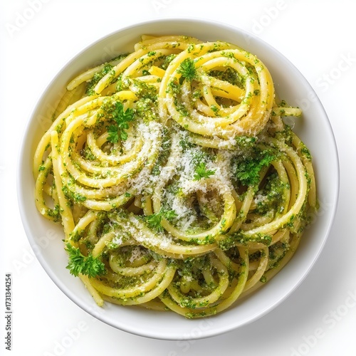 Pasta spirals coated in green pesto sauce with grated cheese and fresh parsley White bowl on a clean white background