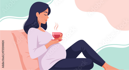 A serene pregnant woman enjoys a comforting hot drink, finding peace and relaxation during her special journey of motherhood.