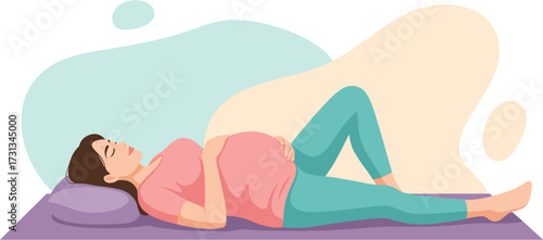 A serene pregnant woman finds comfort and relaxation while lying on her back, gently cradling her baby bump, illustrating the peaceful journey of motherhood.