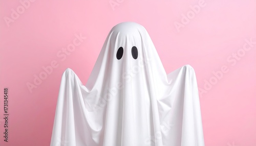 Simple Halloween Costume White Sheet Ghost Against a Pink Background Creates a Spooky and Minimalist Holiday Aesthetic