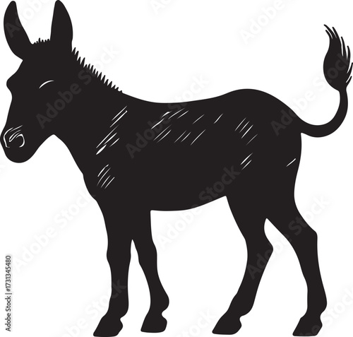 Silhouette of a standing donkey with a textured outline and a bushy tail against a white background