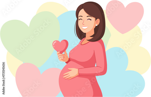 A smiling expectant mother, dressed in pink, tenderly cradles her baby bump, holding a small heart, radiating profound love and happiness for her new arrival.