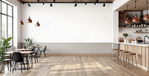 Wallpaper Mural Modern cafe interior with empty white wall for poster mockups and decor concepts in minimalist design style with wooden elements and natural lighting. Ai generative Torontodigital.ca