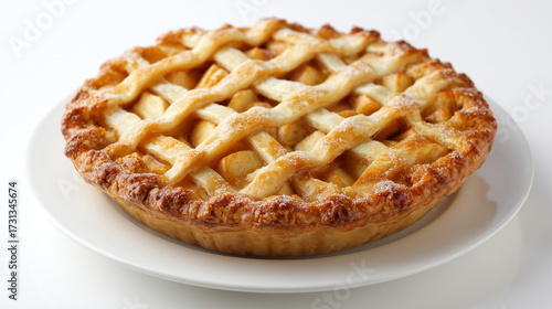 白い皿に置かれた焼きたての艶やかな格子状のパイ生地が特徴的な伝統的なアップルパイ