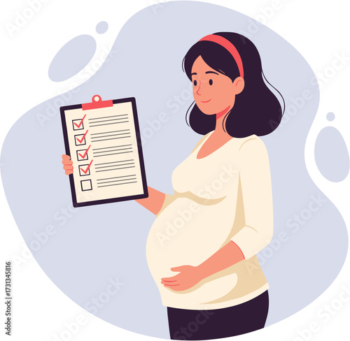 A happy pregnant woman diligently reviews her completed checklist, symbolizing careful preparation and organization for the exciting journey of impending motherhood.