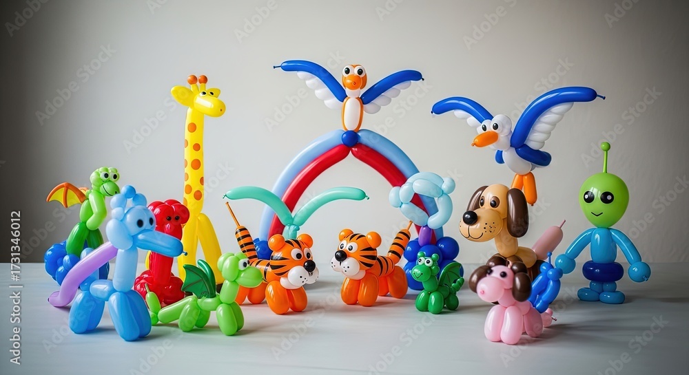Obraz premium Colorful balloon animals arranged in playful scene for holidays 
