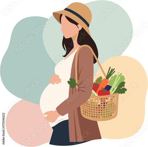 A stylish pregnant woman embraces a healthy lifestyle, carrying a basket brimming with fresh organic vegetables, symbolizing good nutrition for expectant mothers.