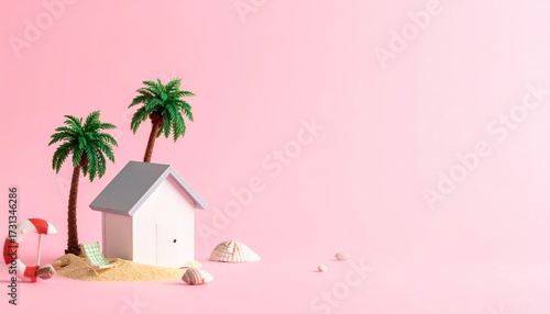 Miniature Summer Paradise Beach Scene with Beach Hut and Palm Trees on a Pink Background