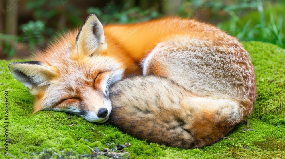 Naklejka premium Relaxed Red Fox Sleeping on Green Moss in Natural Forest Setting