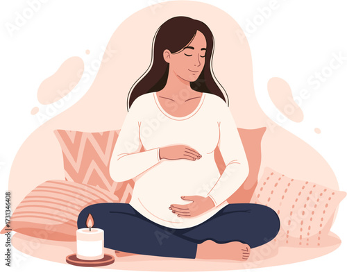 A serene pregnant woman finds peaceful comfort while meditating in a cozy environment, embracing the journey of motherhood with a warm glow.