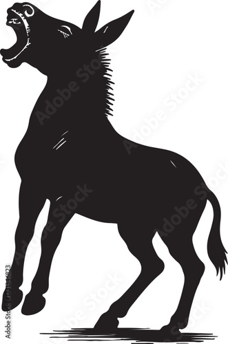 Silhouette of a black donkey or mule with mouth open in a loud braying or screaming sound