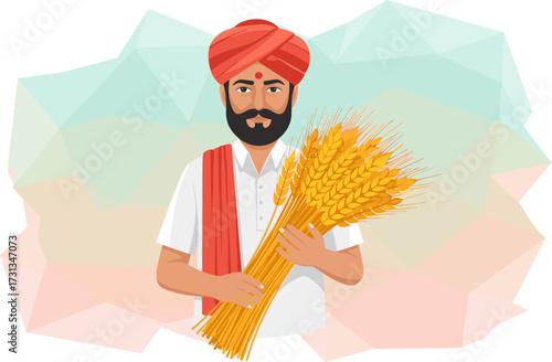 A confident Indian farmer, dressed in traditional red turban and white attire, proudly displays a bountiful golden wheat harvest, symbolizing prosperity.