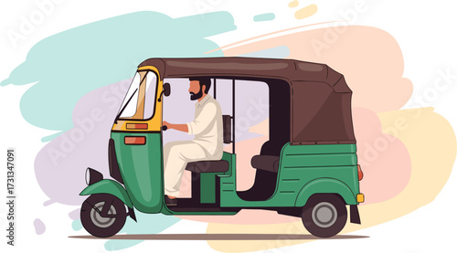 An illustration of an auto-rickshaw with a driver, depicting a common mode of public transport in Asian cities, perfect for travel and cultural content.