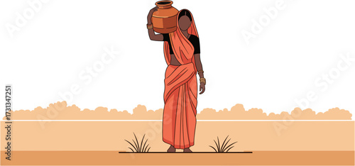 An illustration shows a resilient woman in a traditional sari carrying a clay water pot on her head, traversing a dry, arid landscape, symbolizing daily water collection.